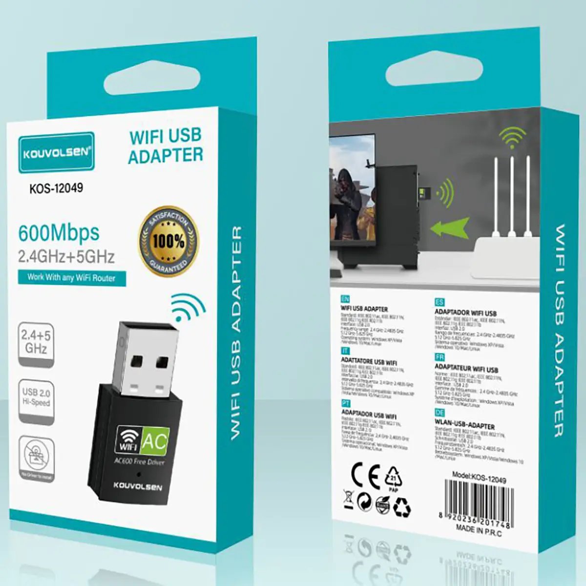 Retail packaging of KOS-12049 Driver-Free 600Mbps Mini WiFi USB Adapter showing compatibility with routers and operating systems like Windows and Mac.